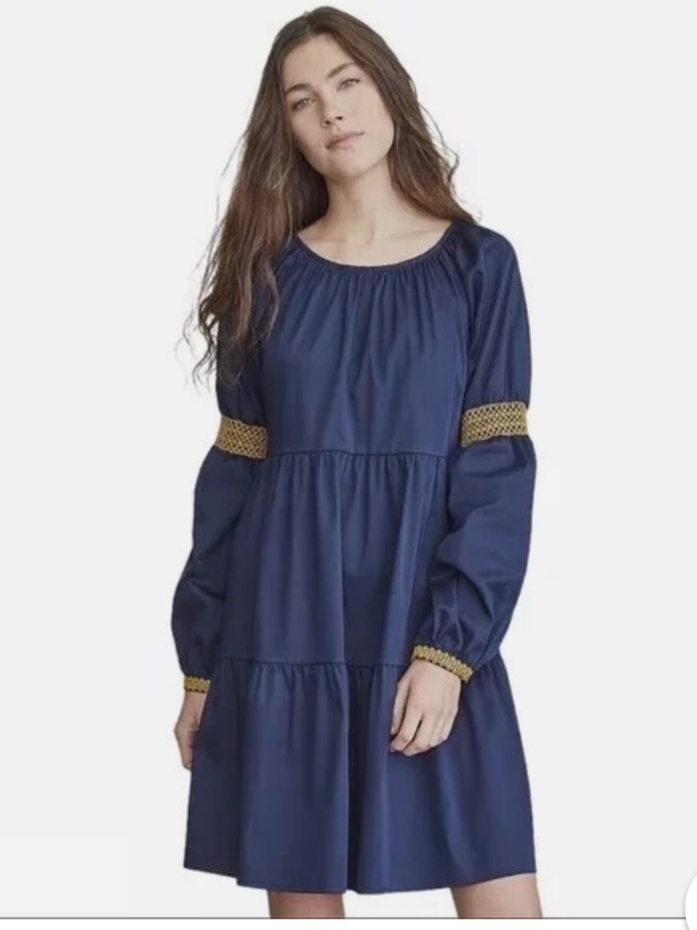 ELIZABETH AND JAMES S Swing Dress Navy Blue Tiered Yellow Embroidered Babydoll